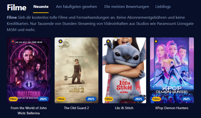 Bildschirmaufnahme der Filmpalast Benutzeroberflaeche die verschiedene Filmtitel und Serienepisoden anzeigt
